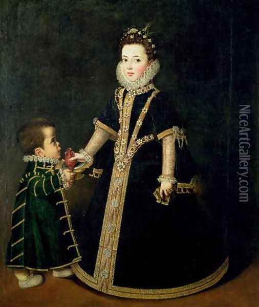 Girl with a dwarf, thought to be a portrait of Margarita of Savoy, daughter of the Duke and Duchess of Savoy, c.1595 Oil Painting - Sofonisba Anguissola
