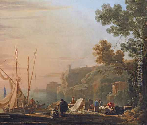 A Mediterranean coastal inlet with merchants unloading boats, a temple beyond Oil Painting - Jan Asselyn