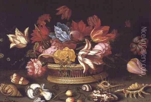 A Basket of Flowers with Shells on a Ledge Oil Painting - Balthasar Van Der Ast