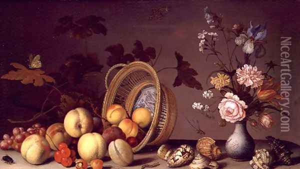 Apples, cherries, grapes, plums and a vase of flowers Oil Painting - Balthasar Van Der Ast