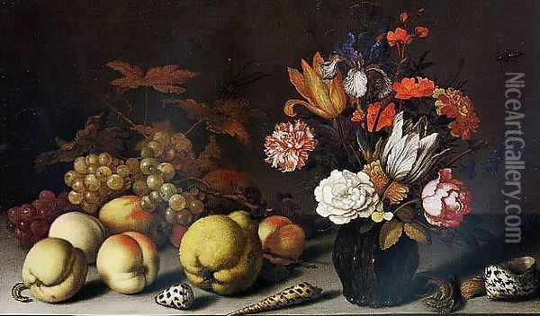 A Still-Life of Fruit, Flowers and Shells with a Lizard, Caterpillar and Dragonfly Oil Painting - Balthasar Van Der Ast