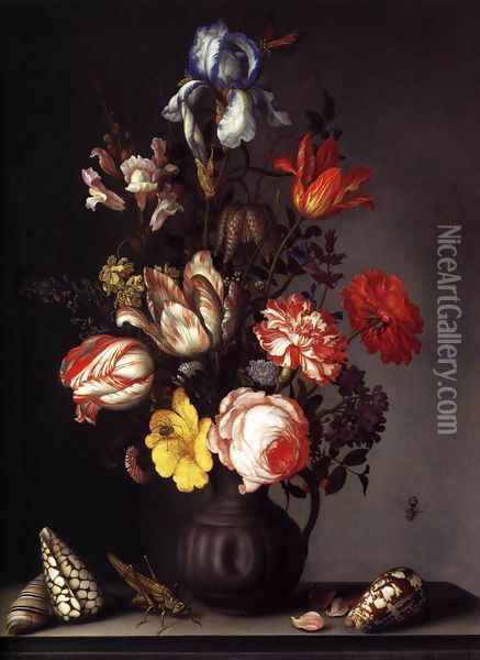 Flowers in a Vase with Shells and Insects Oil Painting - Balthasar Van Der Ast