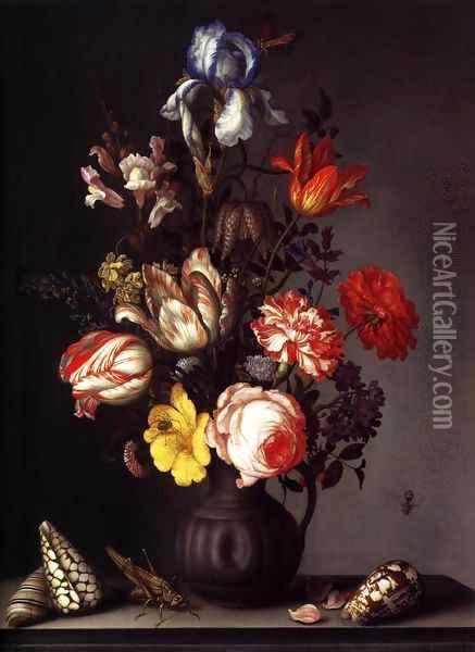 Flowers in a Vase with Shells and Insects 2 Oil Painting - Balthasar Van Der Ast