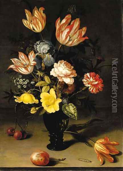 Tulips, irises, roses, forget-me-nots, chrysanthemums and hypericum in a roemer, with cherries, a plum, a tulip and a caterpiller on a stone ledge Oil Painting - Balthasar Van Der Ast