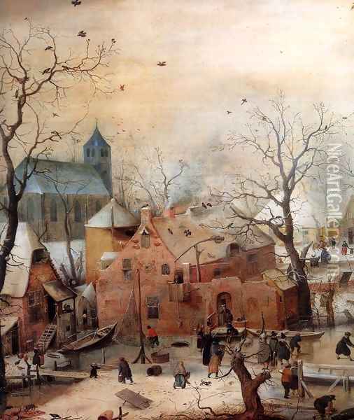 Winter Landscape with Skaters (detail) Oil Painting - Hendrick Avercamp