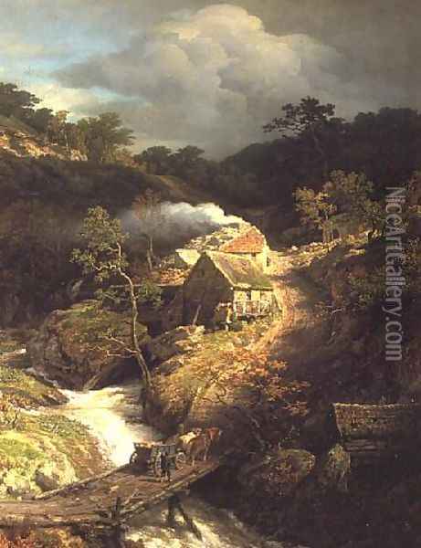 A mountainous landscape with a torrent Oil Painting - Andreas Achenbach