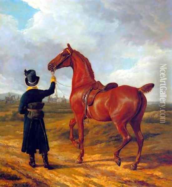 Lord Rivers' Groom Leading a Chestnut Hunter towards a Coursing Party in Hampshire Oil Painting - Jacques Laurent Agasse