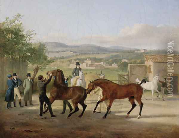 A stallion being led to a mare in a stable yard, a landscape with villas beyond Oil Painting - Jacques Laurent Agasse