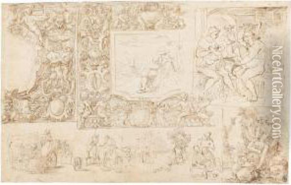 A Sheet Of Studies: Decorative Motifs And Vignettes Of Mary Magdalen, The Forge Of Vulcan, And Various Genre Scenes Oil Painting - Valerio Spada