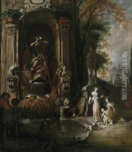 Due Donne Con Un Bambino E Due Uomini Accanto A Una Sontuosa Fontana Oil Painting - Johann Spillenberger