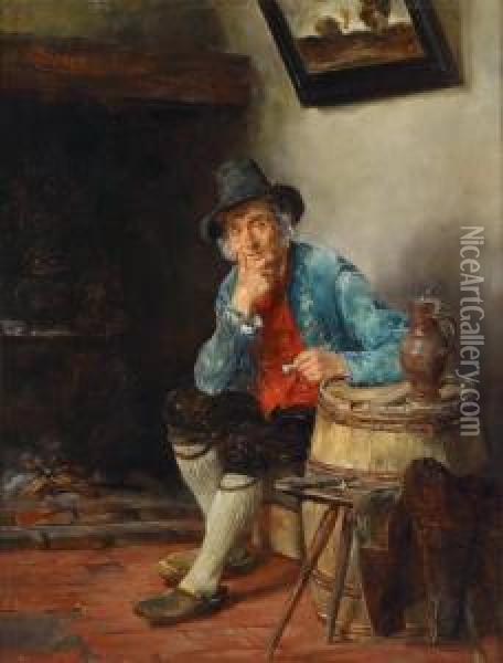 Interior With Peasant Smoking Pipes Oil Painting - Alfons Spring