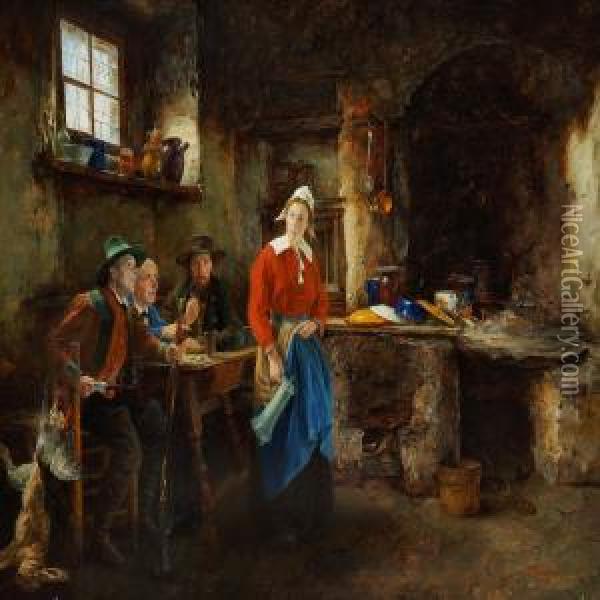 Interior With A Kitchenmaid Waiting On Three Gentlemen Oil Painting - Alfons Spring