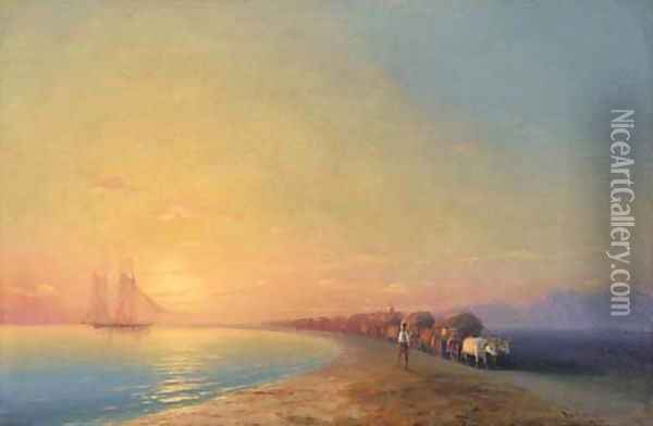 Ox train on the sea shore Oil Painting - Ivan Konstantinovich Aivazovsky