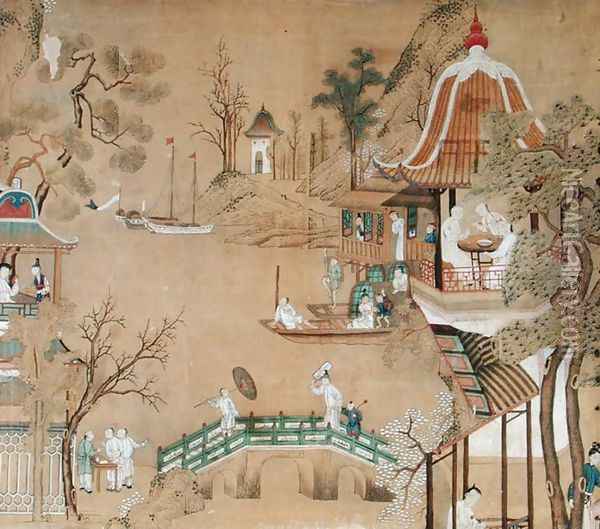 Detail of the wallpaper in the Chinese bedroom depicting a daily life scene, c.1760 Oil Painting - Anonymous Artist