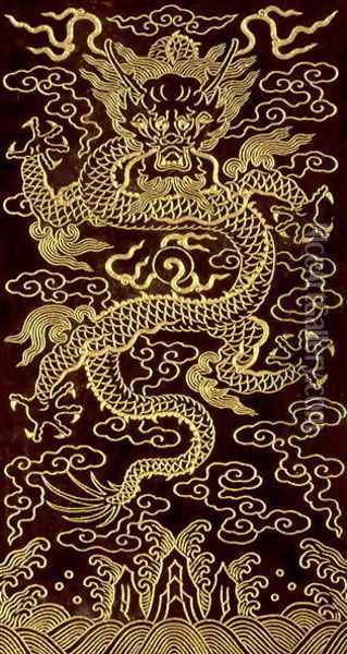 Dragon, cover of the end-folio of a 10 tablet book, 'The Song of the Jade Bowl', written by the Emperor Qianlong, 1745, Chinese Oil Painting - Anonymous Artist