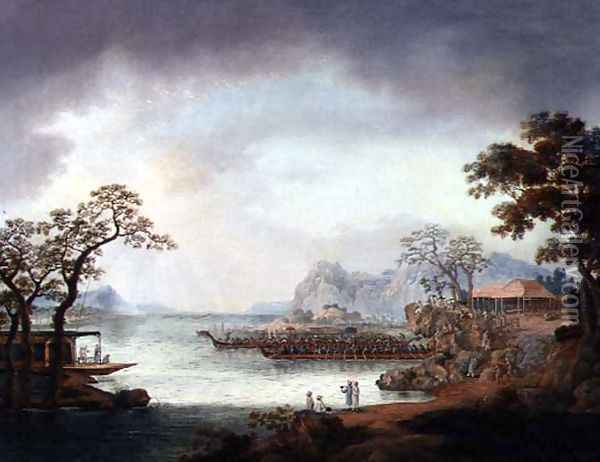 Chinese Ceremonial Barges Off a Rocky Coastline, c.1850 Oil Painting - Anonymous Artist