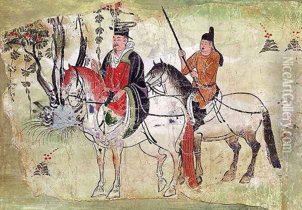 Two Horsemen in a Landscape or, The Boddhisatva and his Equerry, Tang Period Oil Painting - Anonymous Artist