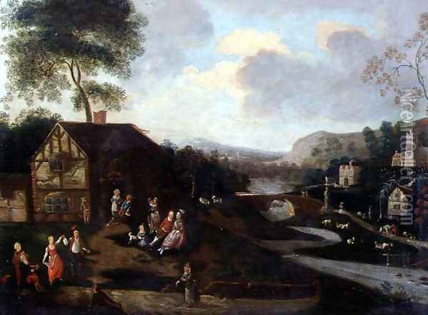 Figures Dancing and Merrymaking, a Village, Kermesse in a river landscape Oil Painting - Anonymous Artist