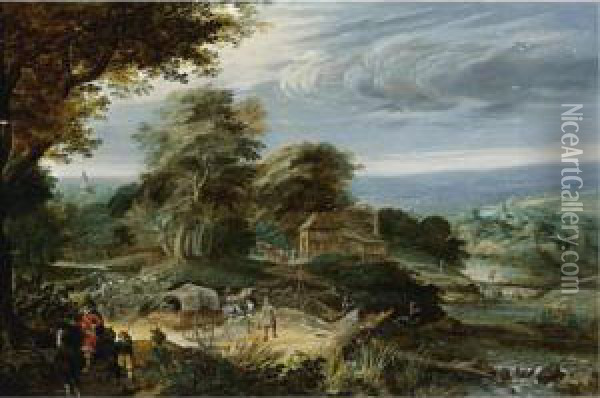 An Extensive Landscape With Travellers On A Path By A River, A Cottage Beyond Oil Painting - Pieter Stalpaert