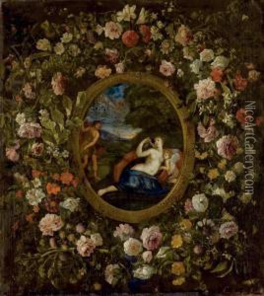 Venus, Apollon Et L'amour Entoures D'une Couronne De Fleurs Oil Painting - Anna Stanchi
