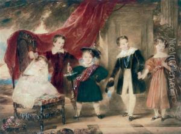 Portrait Of Five Childen In Historical Fancy-dress Oil Painting - James Stephanoff