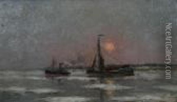 Marine Met Zeil-en Stoomboot Bij Ondergaande Zon Oil Painting - Romain Steppe