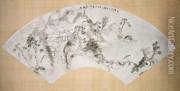 Fan depicting a landscape, c.1600 Oil Painting - Anonymous Artist