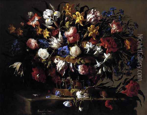 Basket of Flowers 1671 Oil Painting - Juan De Arellano