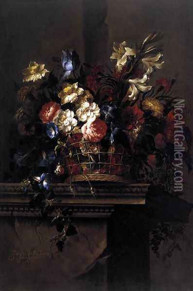 Basket of Flowers on a Plinth 1664 Oil Painting - Juan De Arellano