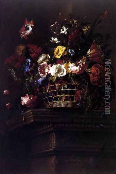 Basket of Flowers on a Plinth 2, 1664 Oil Painting - Juan De Arellano