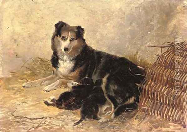 Motherhood - A collie with puppies Oil Painting - Richard Ansdell