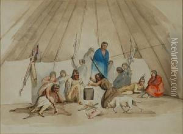 (i) Dakota Indians And Hunting Dogs At Rest: A Double-sideddrawing Oil Painting - Alfred, General Sully