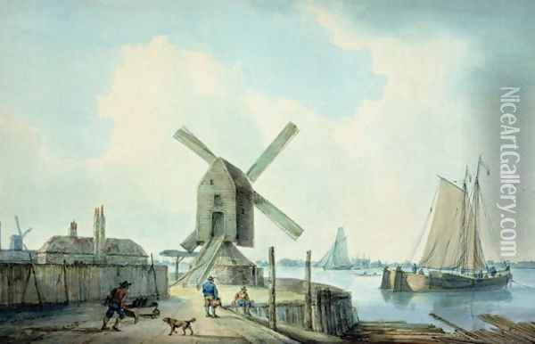 A Shore Scene with Windmills and Shipping Oil Painting - William Anderson