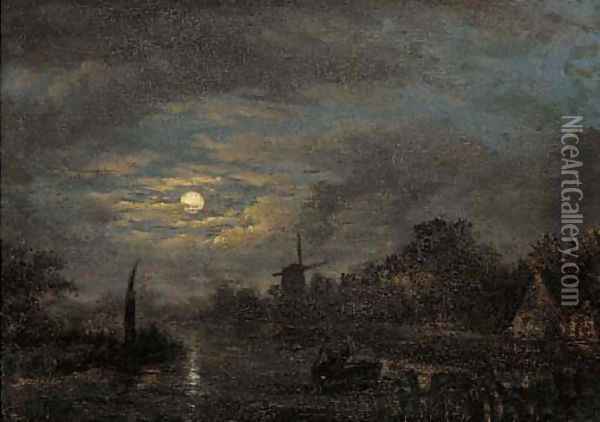 Boatmen on a moonlit waterway Oil Painting - Jacobus Theodorus Abels