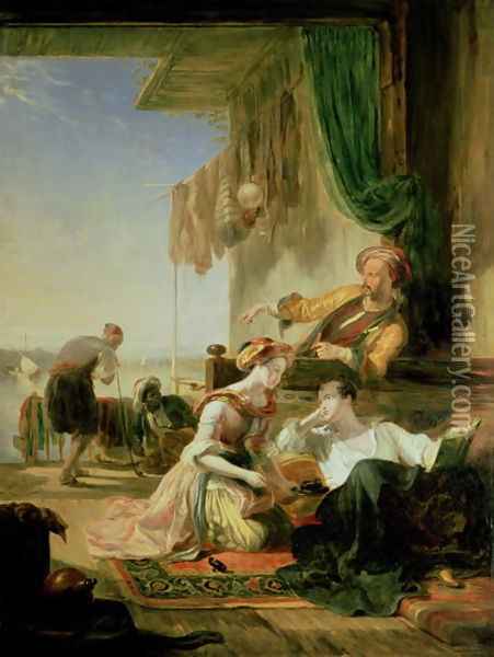 Lord Byron reposing in the house of a fisherman having swum the Hellespont, 1831 Oil Painting - Sir William Allan
