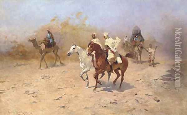 An Arab Caravan in the Desert Oil Painting - Thaddaus von Ajdukiewicz