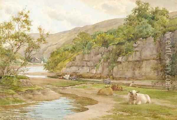 Cattle resting on the banks of a river with a fisherman beyond Oil Painting - Charles James Adams