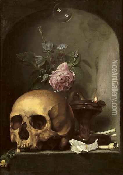 A 'vanitas' with a skull, mixed flowers, an oil lamp, pipes and a soap bubble in a stone niche Oil Painting - Hendrick Andriessen