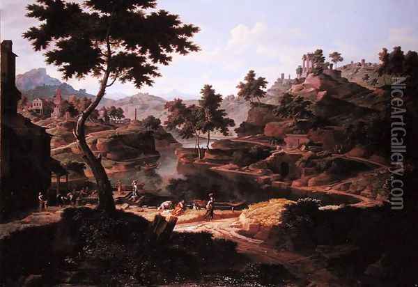 Classical landscape with figures and ruins Oil Painting - Etienne Allegrain