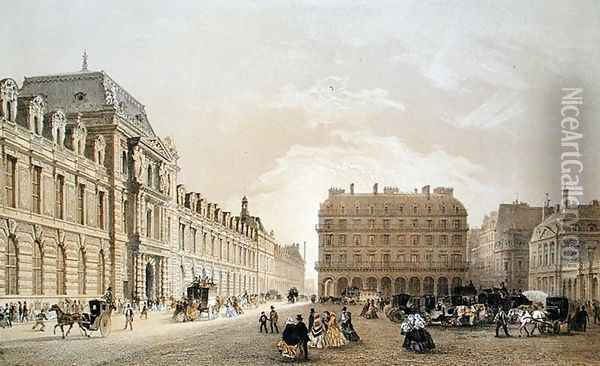 View of the facade of the Louvre, the Rue de Rivoli and the Palais Royal 1855 Oil Painting - Louis Jules Arnout