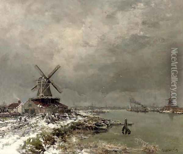 A windmill along a river in winter Oil Painting - Louis Apol