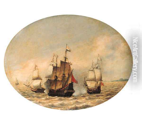 A Dutch merchantman under attack offshore Oil Painting - Hendrik van Anthonissen