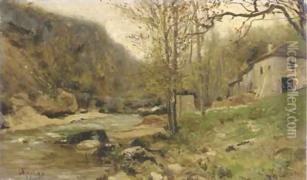 Ferme au bord d'un torrent dans le Jura By a river in a hilly landscape Oil Painting - Adolphe Appian