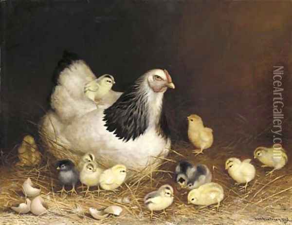 Hen and Chicks in the Hay Oil Painting - Ben Austrian