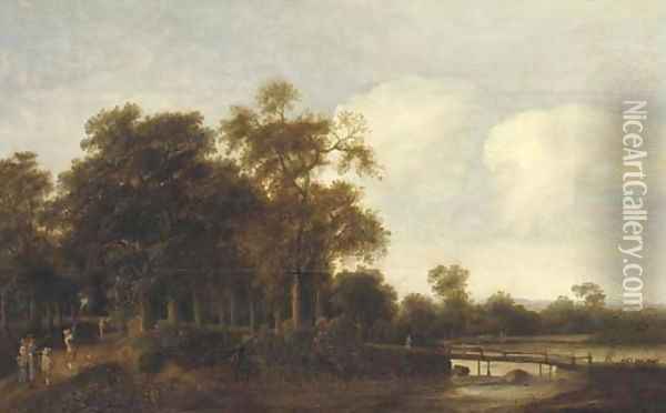A wooded river landscape with hunters on a path Oil Painting - Pieter Jansz. van Asch