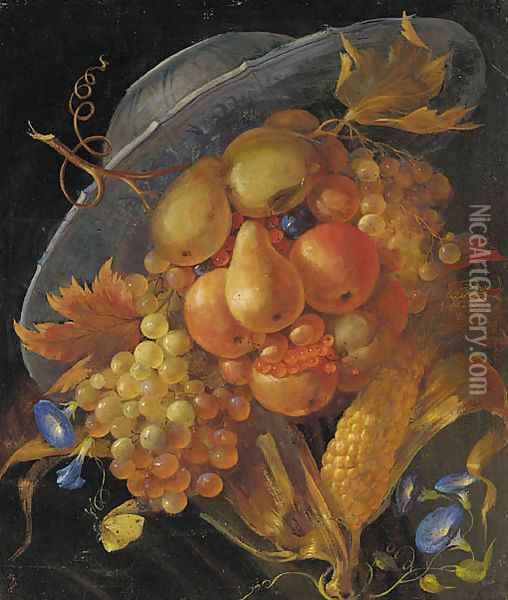 An anthropomorphic portrait of a man composed of apples, pears, grapes and corn on the cob Oil Painting - Giuseppe Arcimboldo