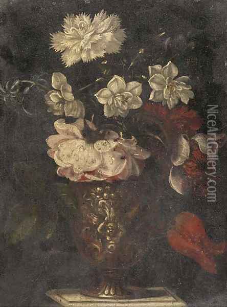 A rose, carnation, narcissi and other flowers in a vase on a table Oil Painting - Balthasar Van Der Ast