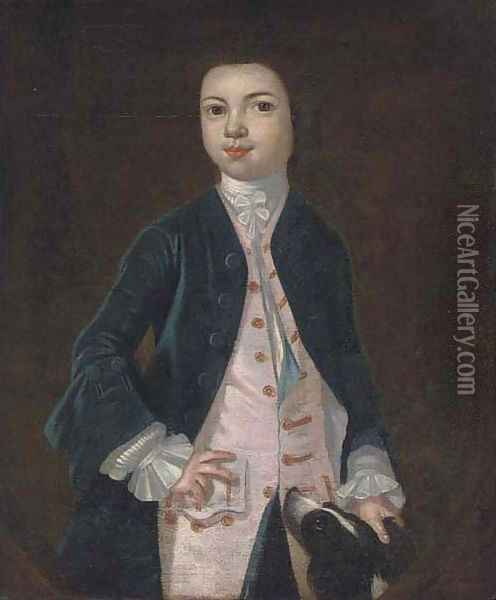 Portrait of a boy in a blue coat and pink waistcoat, a dog at his side, feigned oval Oil Painting - Charles d' Agar