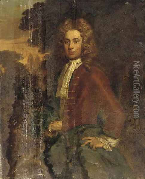 Portrait of a gentleman, three-quarter-length, in a brown jacket and green wrap Oil Painting - Charles d' Agar