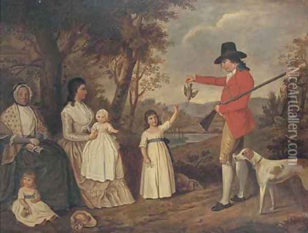 A group portrait of the Spreull family at Charing Cross, Glasgow, James Spreull, full-length, holding a woodcock with a gundog at his side Oil Painting - David Allan